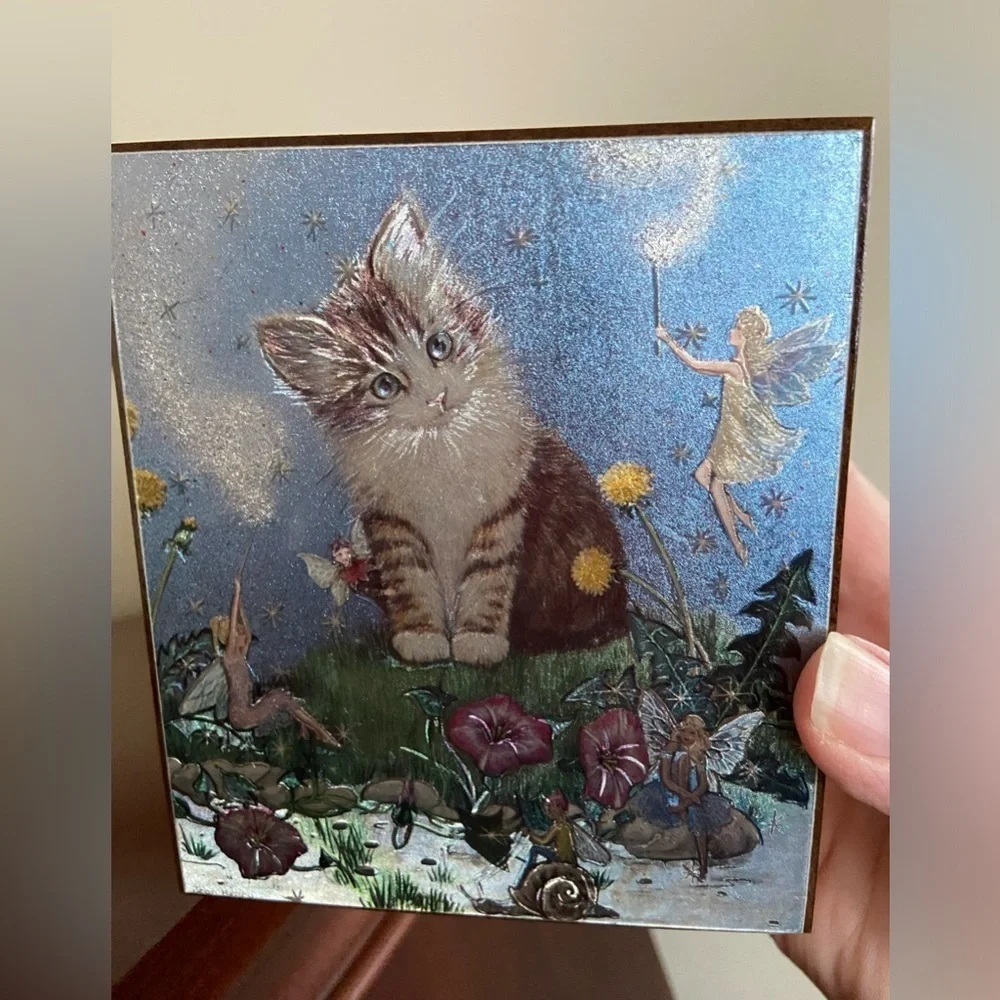 🩷 Vintage Kitten Cat and Fairy Foils Wooden Trinket Box Souvenir Cedar Box